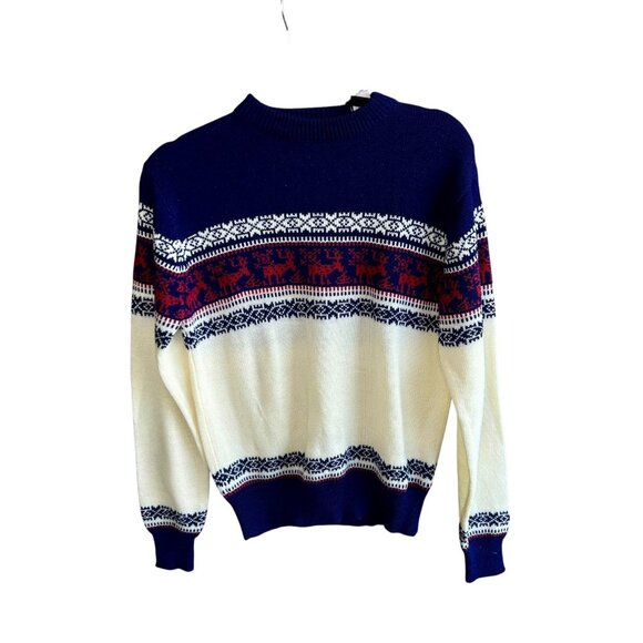 Vintage 1970's  Knit Holiday Moose Reindeer Christmas Ski Sweater Size Medium - Picture 2 of 7